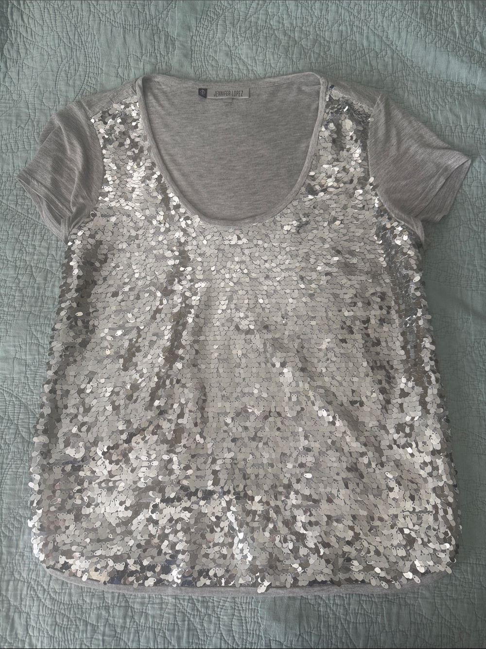 Jennifer Lopez Silver Sequin Scoop Neck Short Sleeve Top